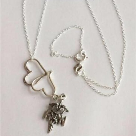 Sterling Silver Nursing RN Caduceus Necklace Heart Medical Graduation Gift 18" - Picture 7 of 9